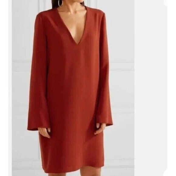 New Theory Ulyssa Admiral Brick Red V-Neck Bell Sleeve Dress - Made in USA - Picture 4 of 10